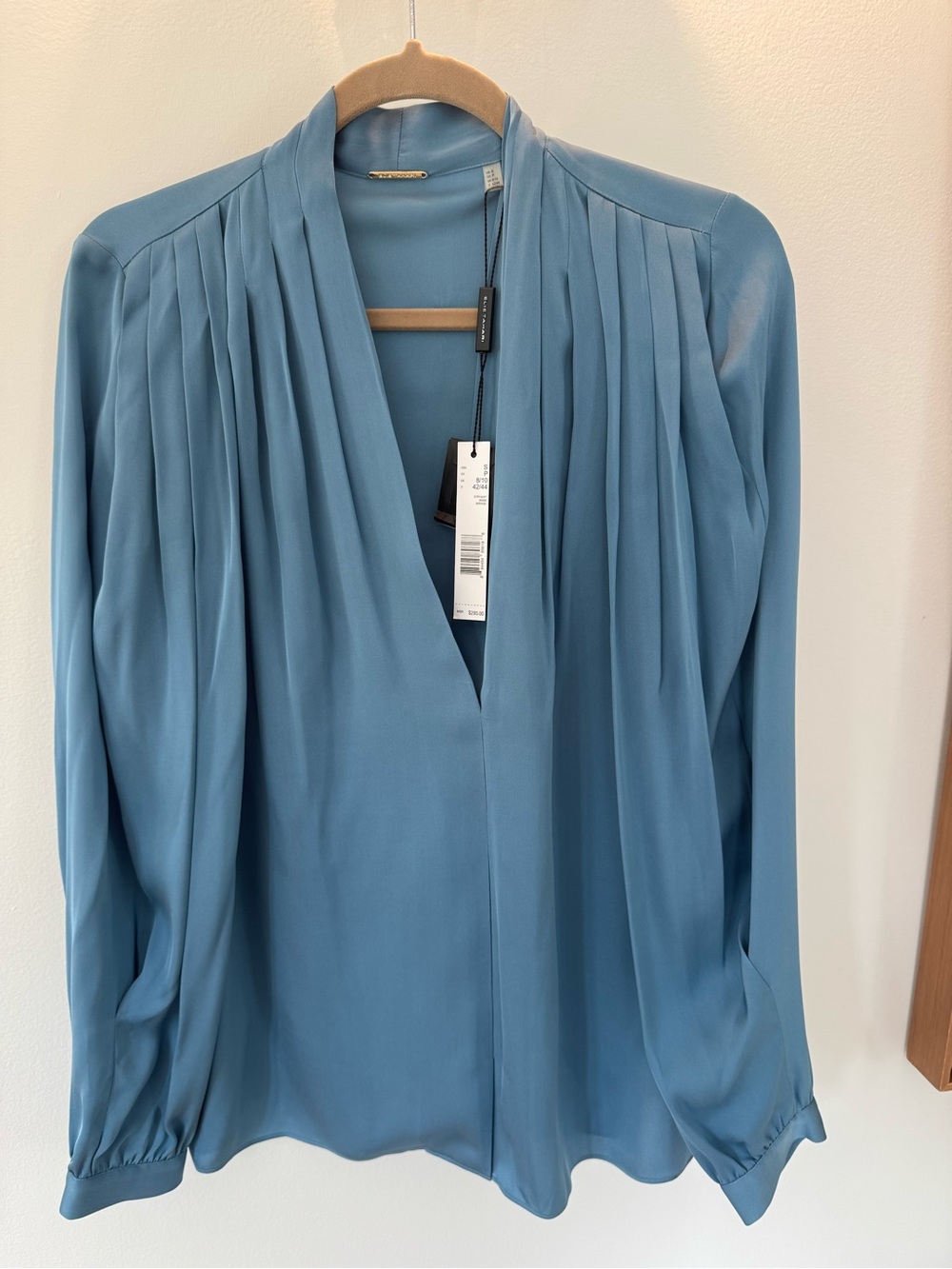 Elie Tahari Dusty Blue Pleated V-Neck Blouse - new with tags.